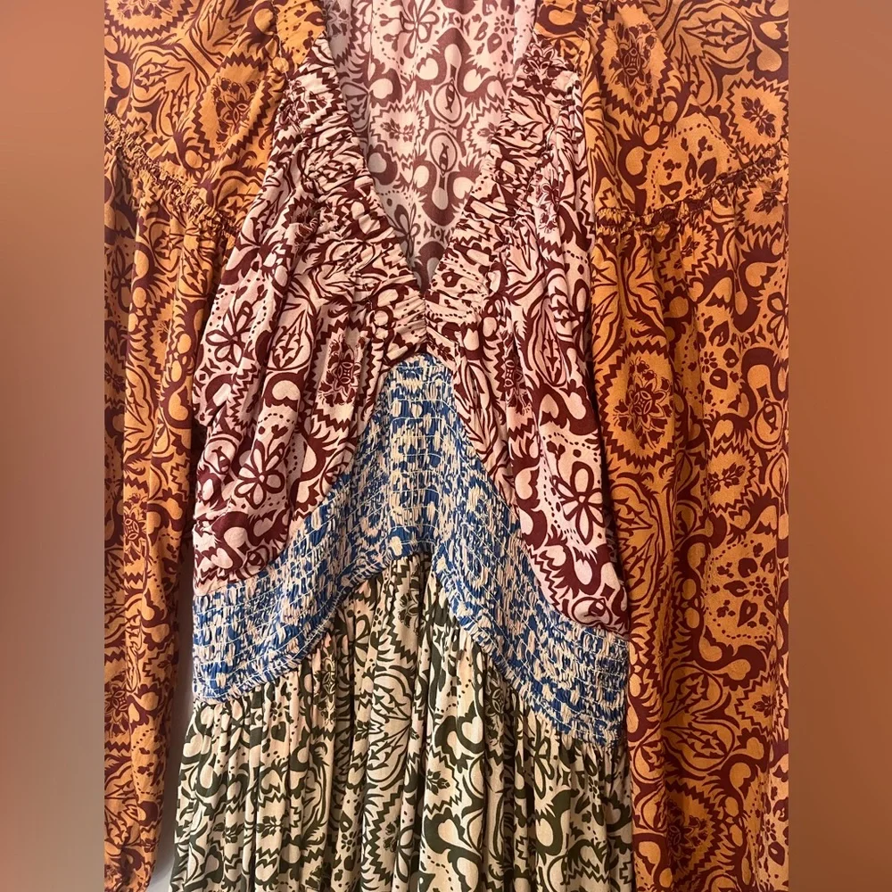 Mahila boho mixed print tiered maxi dress v-neck, smocking festival cottagecore - Picture 6 of 11